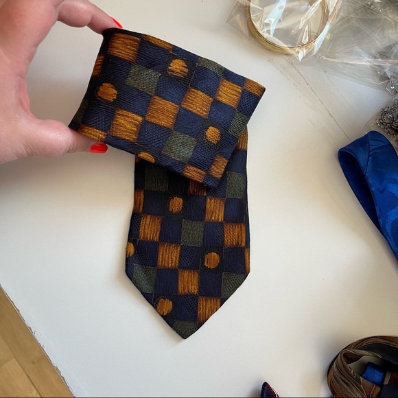 ERMENEGILDO ZEGNA 100% Silk Tie Blue Gold Green Squares Geometric Checkered - Picture 2 of 7